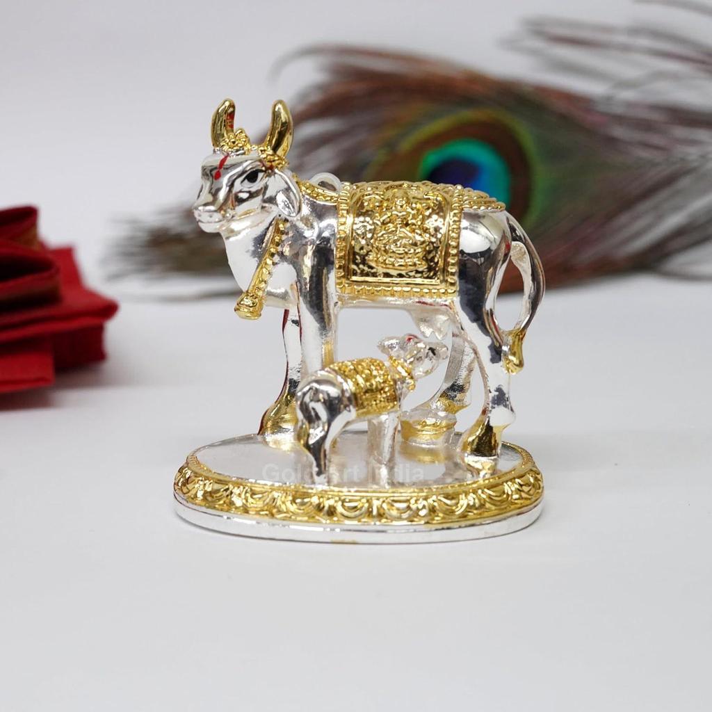 Идол коровы Камдхену с теленком с золотым и серебряным покрытием (Две тонны)| Домашний декор Гай Бачда Корова | Теленок для Васту | Положительная энергия