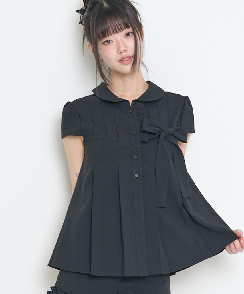 ILLIGO Ribbon Pleated Short Sleeve Blouse Black