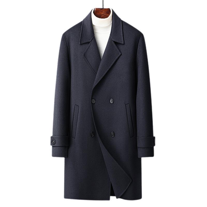 New Men's Double-sided Woolen Medium and Long Suit Collar Double-breasted Woolen Coat Simple Men's Korean Coat