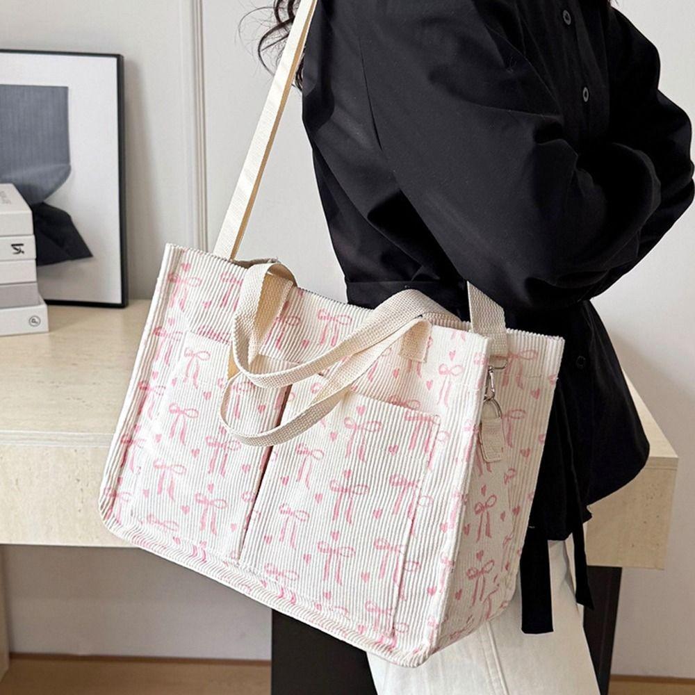 Printied Bow Tote Bag Cute Corduroy Handbag Sweet Travel Bag Travel