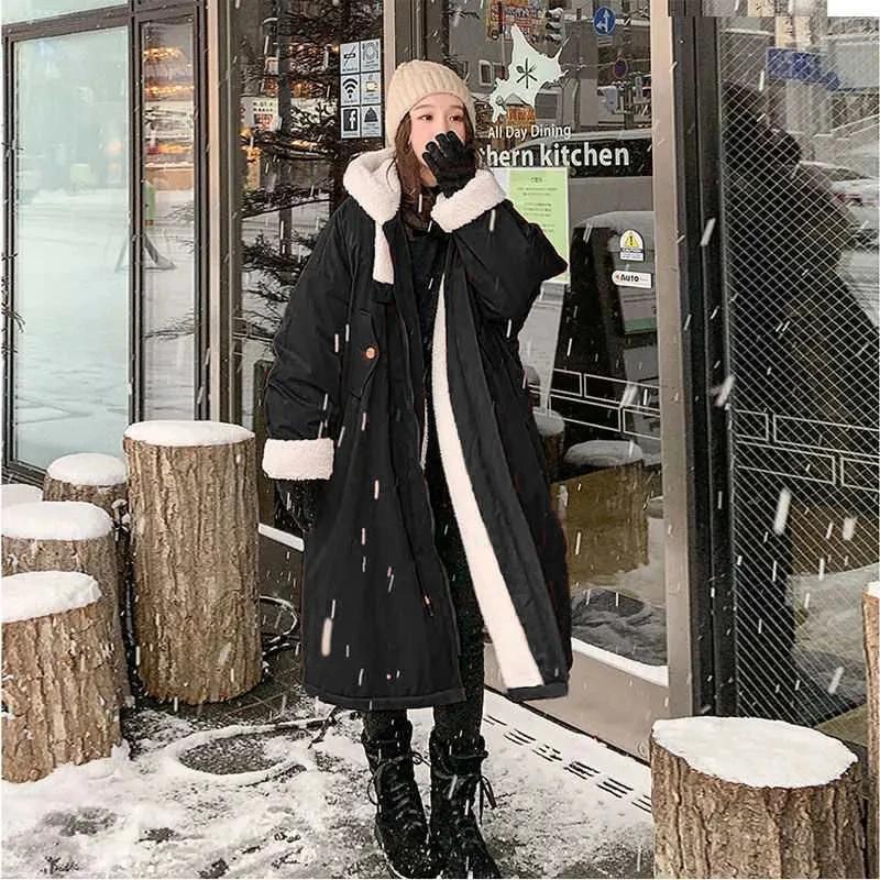 Женская свободная зимняя куртка из хлопка с шерстью ягненка, парка для снега с плюшевой подкладкой, теплая куртка с капюшоном, повседневное женское длинное пальто