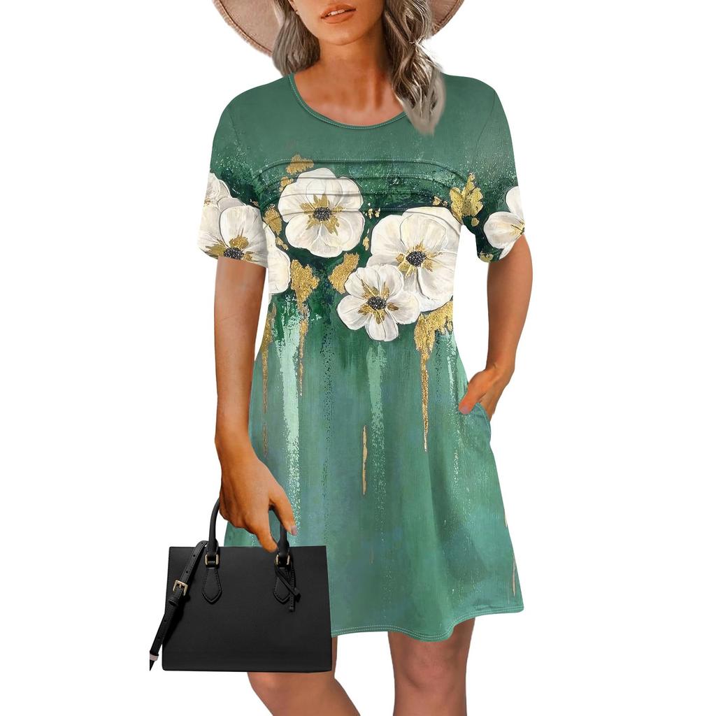 Женское летнее винтажное платье с цветочным принтом, повседневное платье с коротким рукавом и круглым карманом