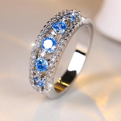 Кольцо с полым дизайном Aqua Blue Zircon для женщин, обручальное кольцо серебряного цвета, ювелирное украшение для помолвки