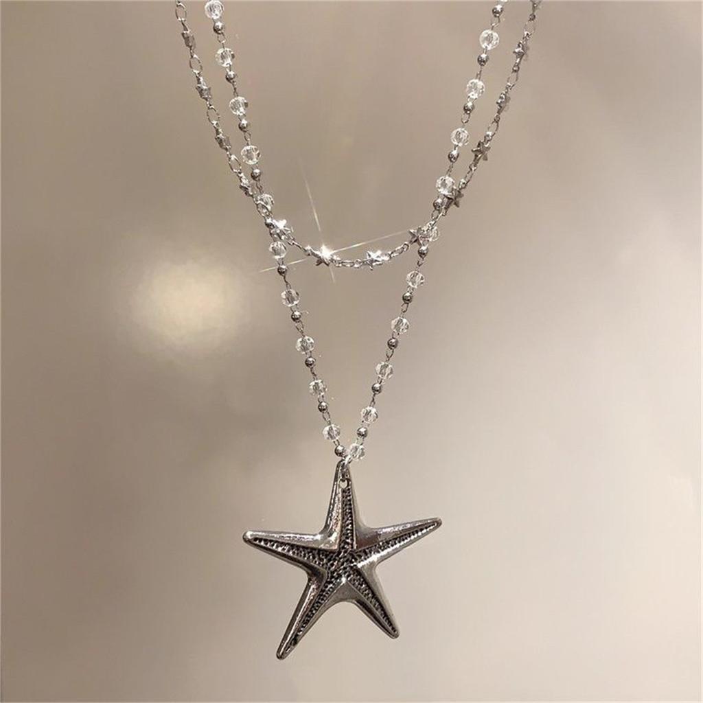 Personality Metal Big Starfish Pendant Necklace for Women Double-layered Star Beaded Chain Necklace Summer Ocean Y2K Jewelry
