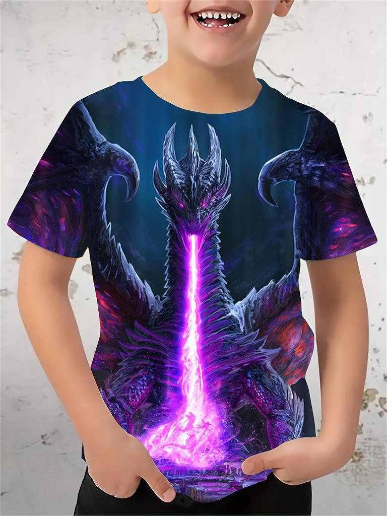 Детская одежда Футболки для мальчиков Детская футболка с коротким рукавом Стильный 3D-принт дракона Графи Повседневная летняя одежда для девочек Топы