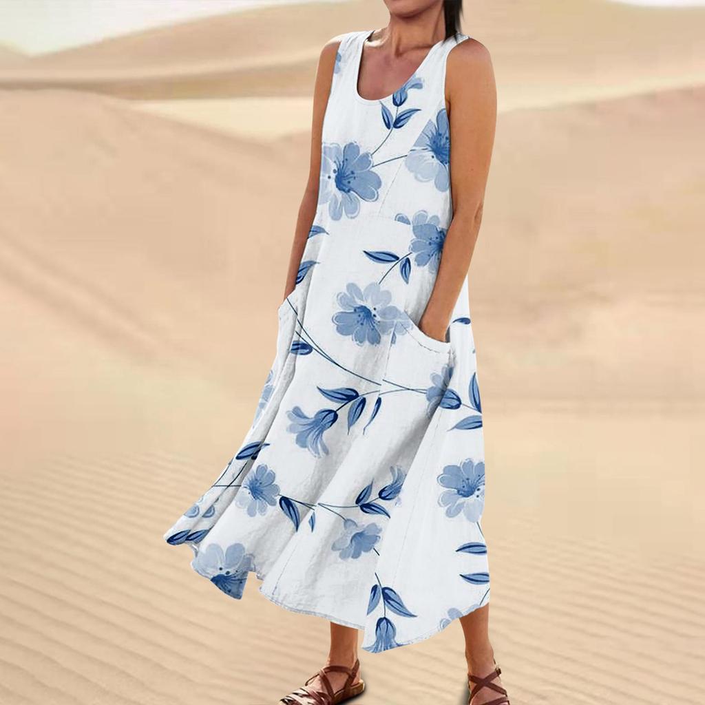 Женское повседневное удобное хлопковое карманное платье без рукавов с цветочным принтом