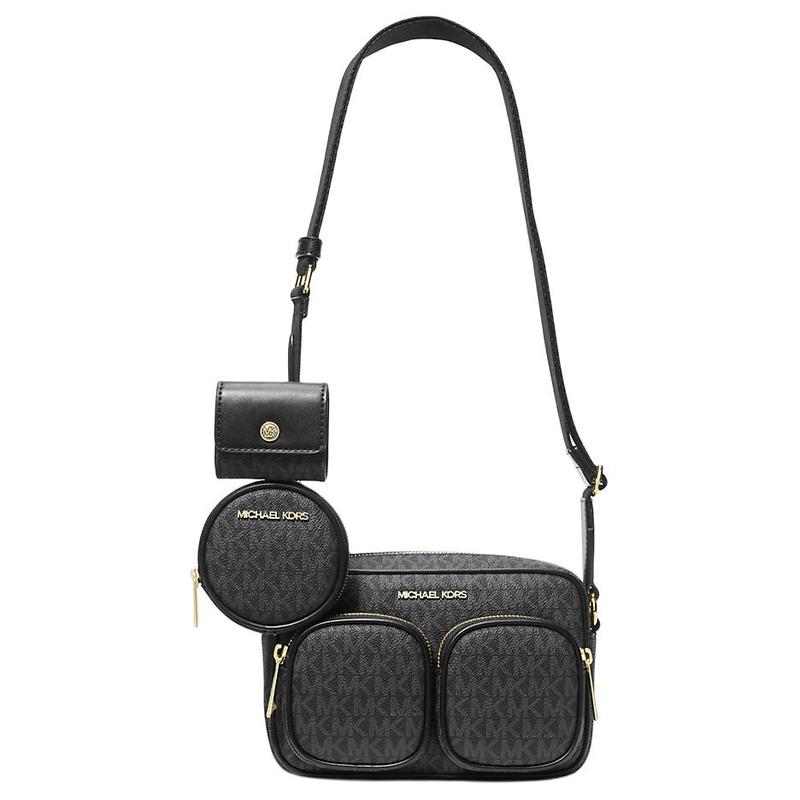Michael Kors Сумка через плечо Jet Set с логотипом, золотой фурнитурой, из покрытого холста, средняя, женская, черная