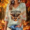 Стильный женский повседневный топ с V-образным вырезом, принтом на Хэллоуин и рукавами три четверти для вечеринки