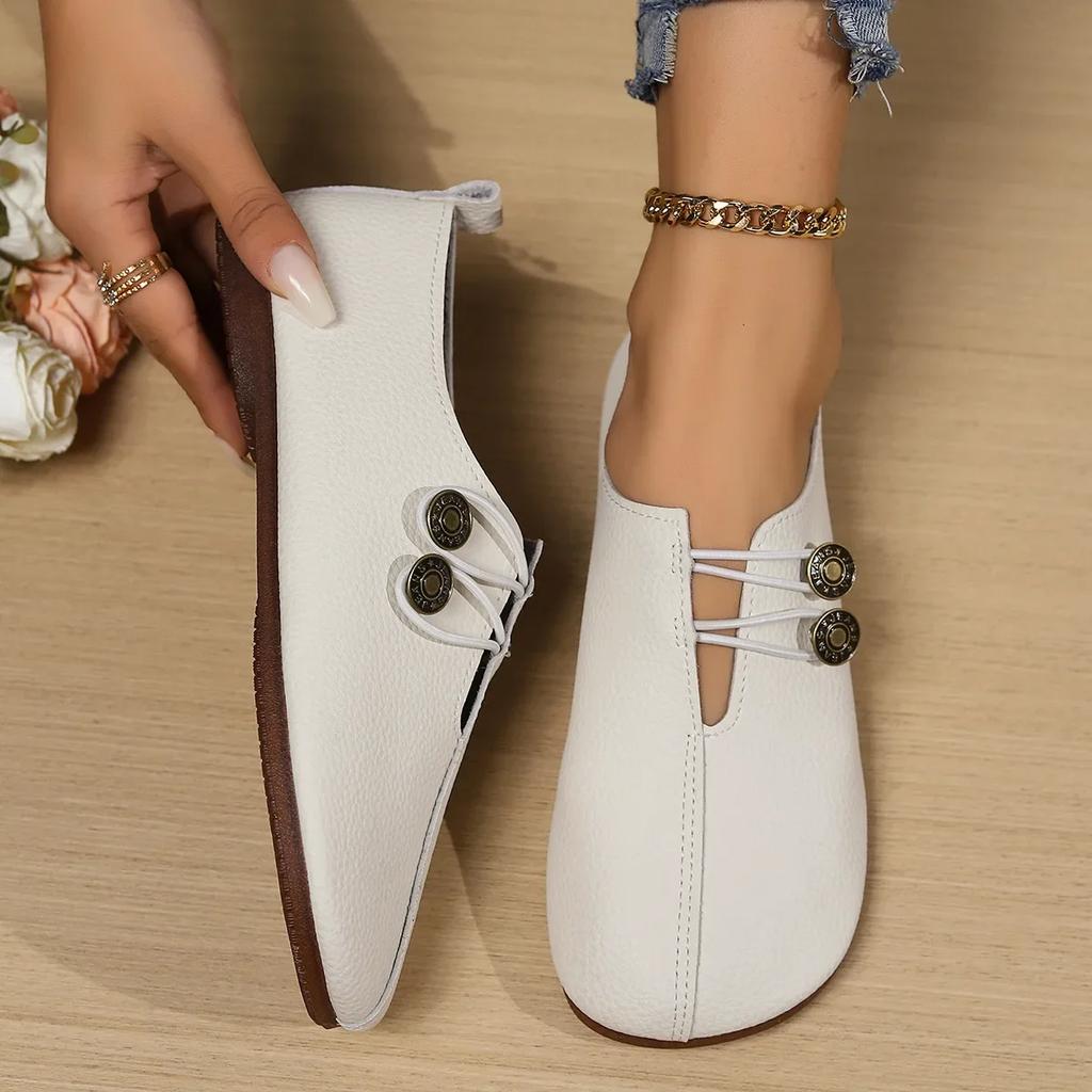 Fashion Soft-soled Hollow Button Shallow Single Shoes, Women's Lazy Doudou Shoe Mother Flat-soled Small Leather Shoes