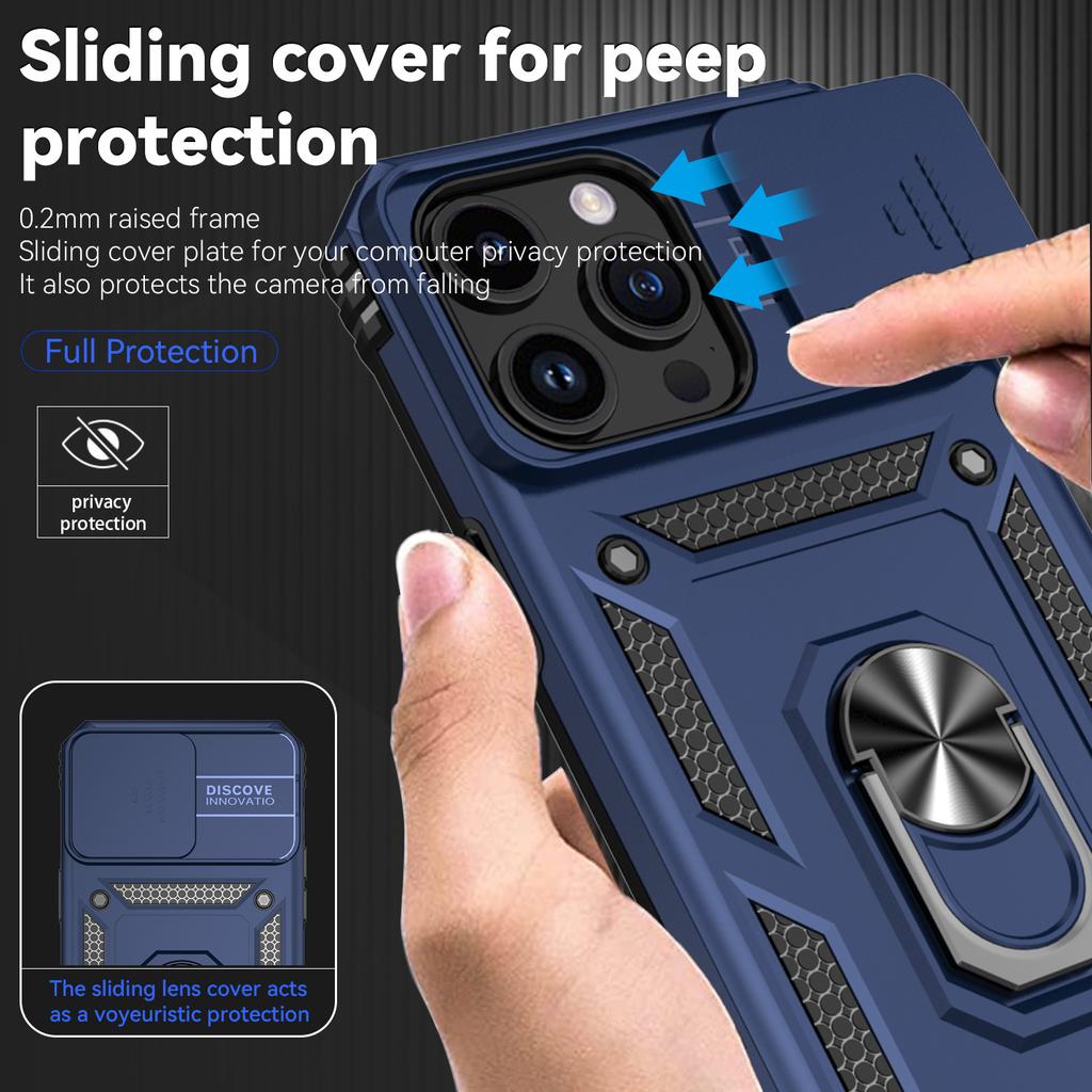 For iPhone 15 Pro Max Slide Camera Protector Phone Case Metal Ring Kickstand Anti-scratch PC+TPU Cover