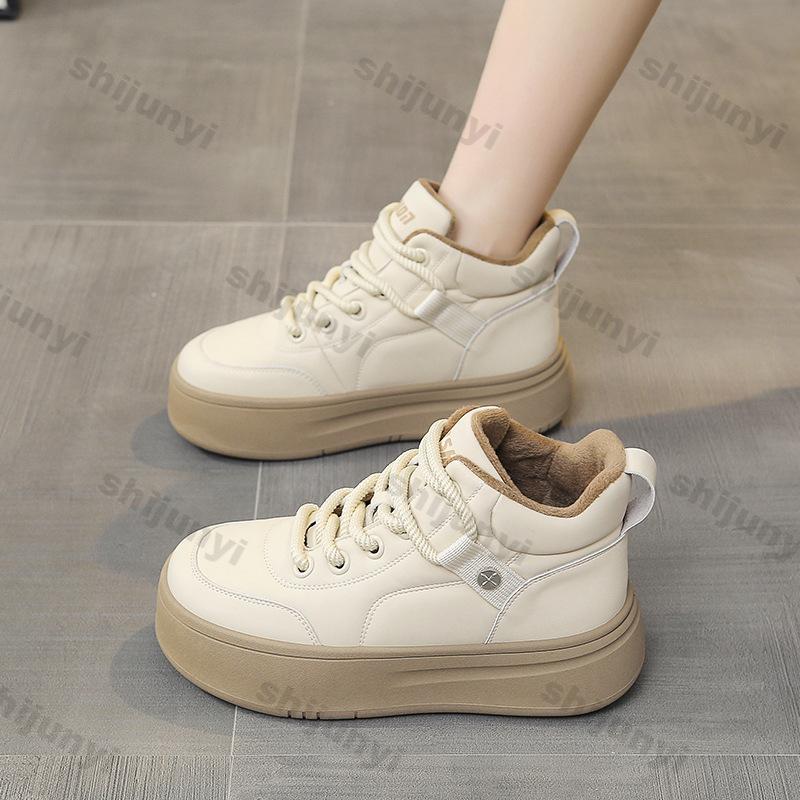 Fashion Women's High Top Vulcanized Shoes Autumn Winter Lace Up Soft Leather Plus Velvet Warm Cotton Shoes Thick Sole Leisure Sneakers