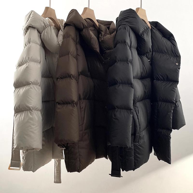 Winter Hooded Women's Down Jackets Warm Casual Coat Puffer Jacket Belt Elegant Parka Overcoat