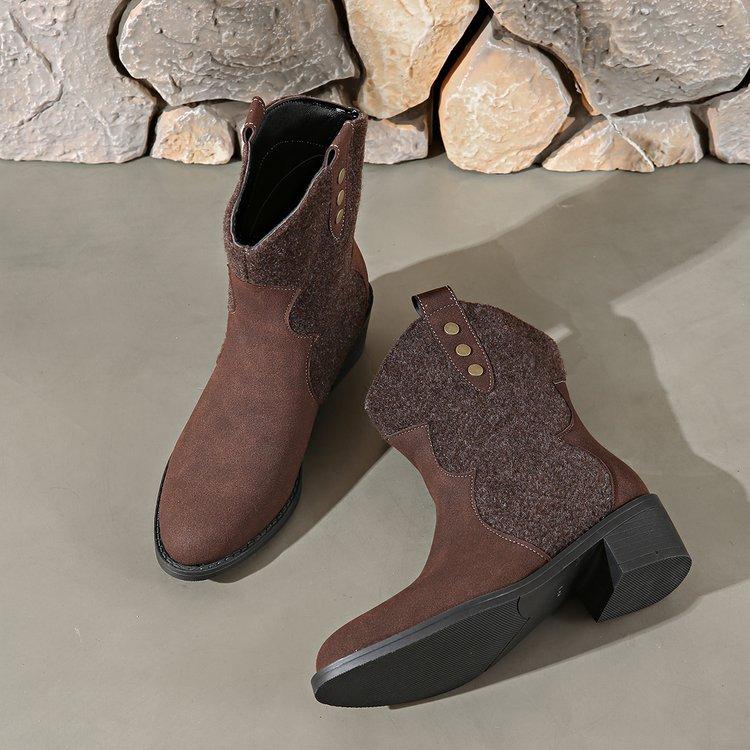 New Cow Suede Boots European and American Style Pointed Splicing Sleeve Thick Heel Medium Heel Large Size Short Boots Simple Women's Boots