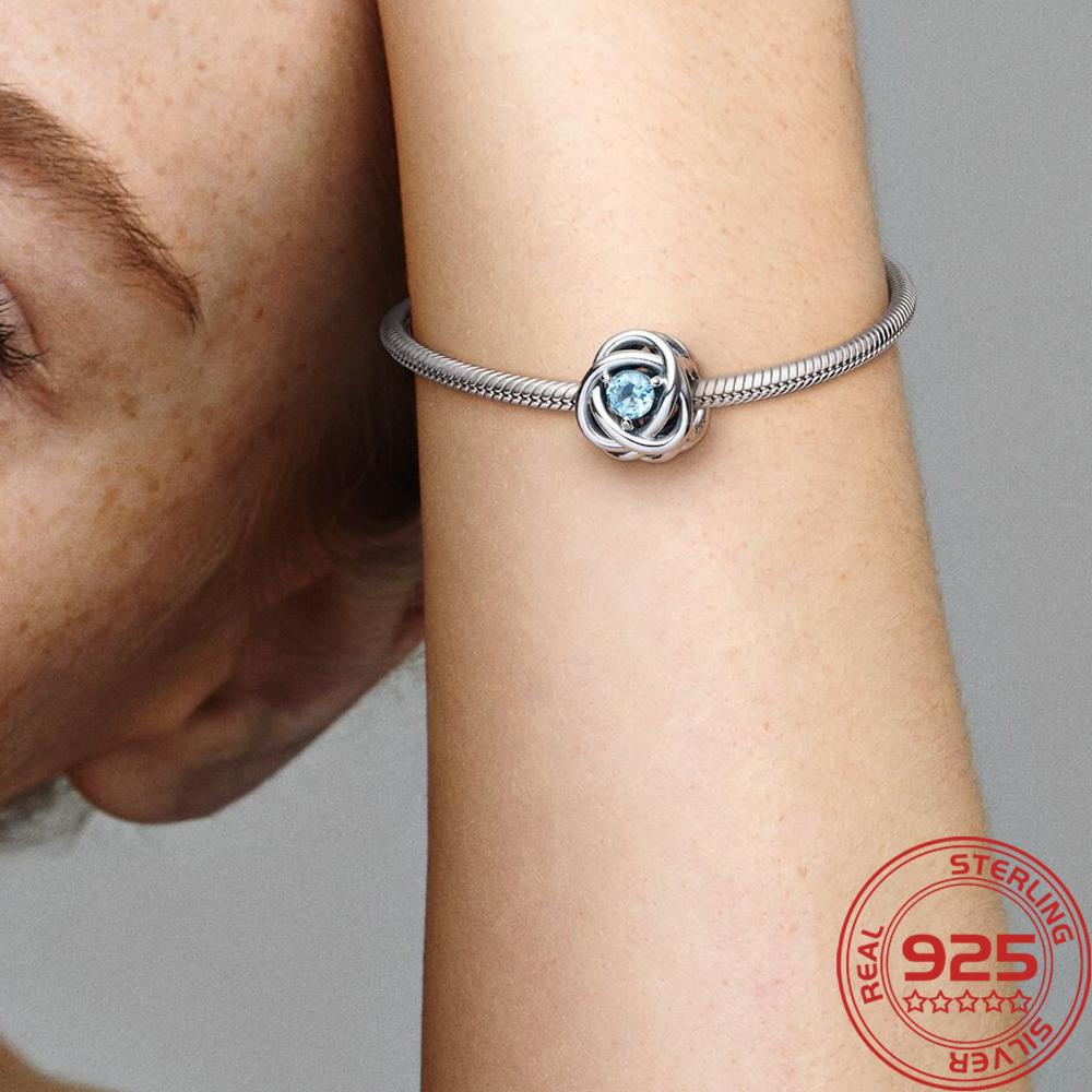 Новый S925 стерлингового серебра шарм подходит модный браслет мартовский камень рождения ажурный вечность круг шарм DIY День памяти ювелирные изделия подарок