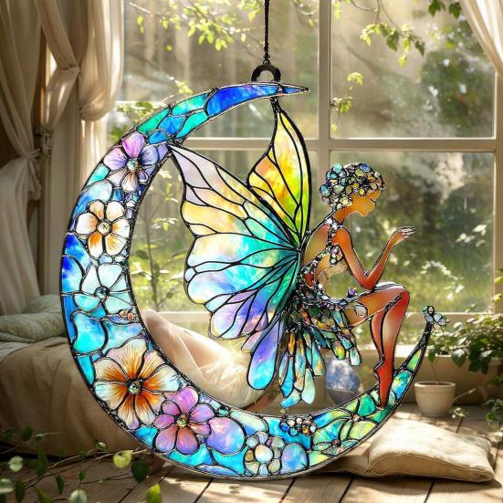 Yousheng Suncatcher Acrylic Stained Glass Effect Butterfly/Dragonfly/Fairy Ornament Window Hanging Decor Holiday Gift for Women Mom Grandma