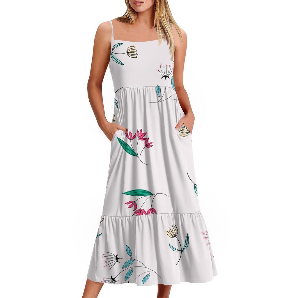 Women's Long Beach Casual Elegant Spaghetti Strap Maxi Dress Floral Low-key Flowing Bohemian Dress