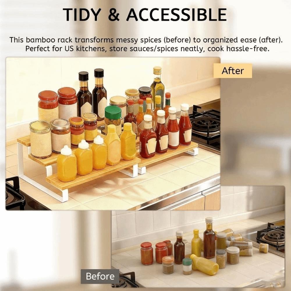 Large Capacity Expandable Step Storage Rack Bamboo Model Display Stand For Kitchen