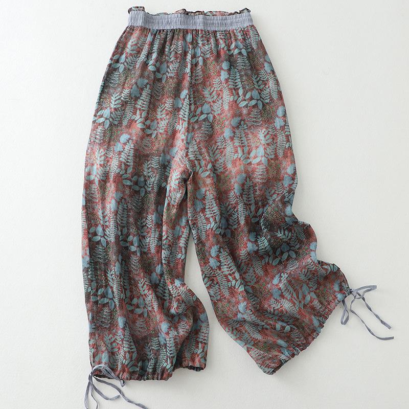 Summer cotton and linen literary and retro casual pants wide-leg pants cotton and linen style loose printing nine-point pants women