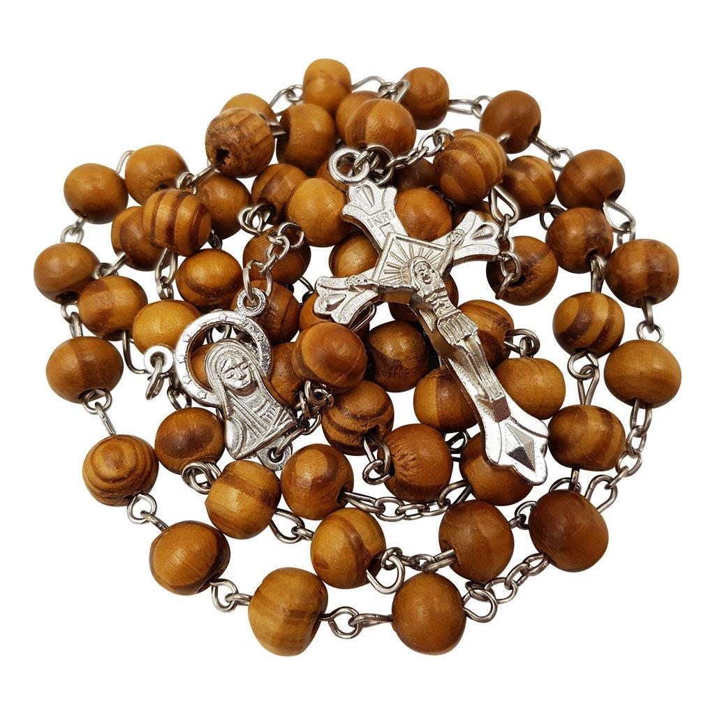 Деревянные четки, католическое ожерелье, 8 мм, деревянные круглые бусины, Иерусалимский крест-четки, распятие Девы Марии, центральный элемент с сертификатом