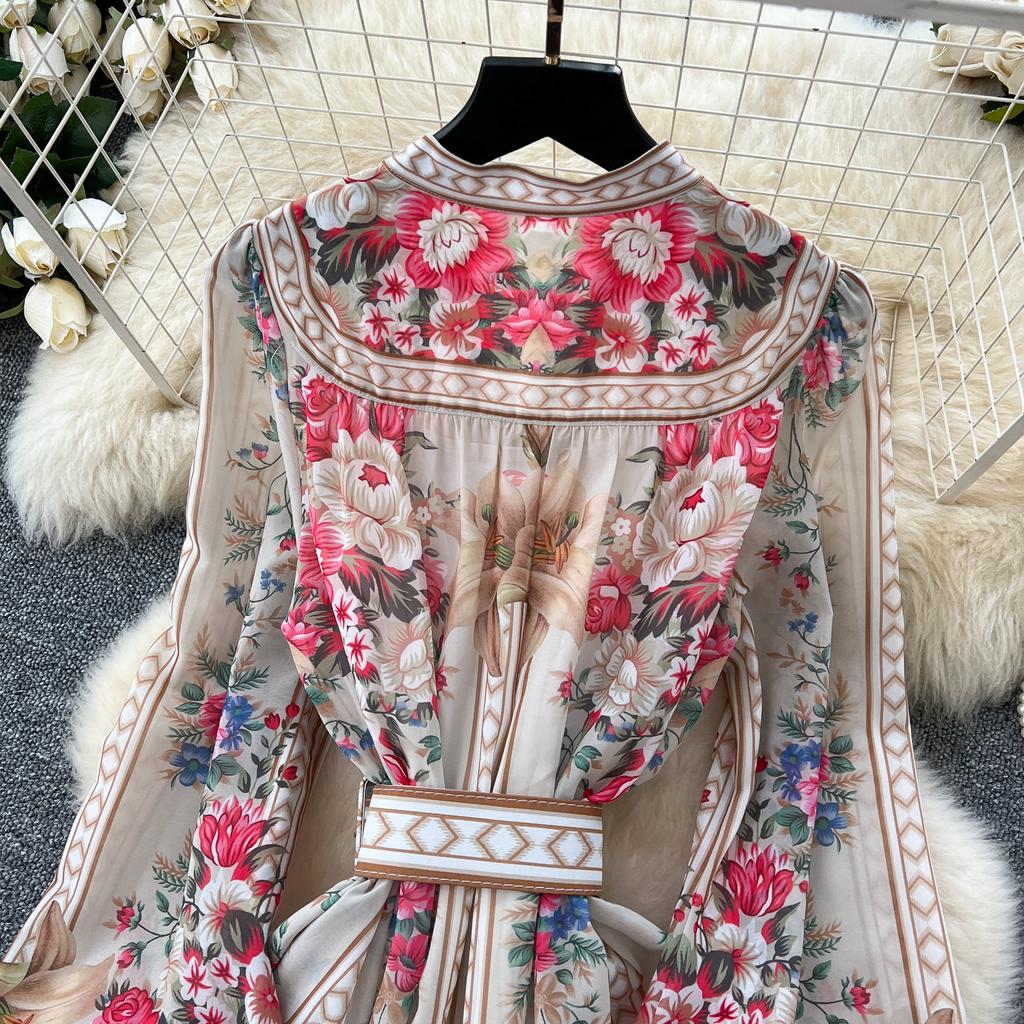 Spring Summer Women V-neck Vintage Print Chiffon Runway Dress Single Breasted Long Maxi Loose Holiday Beach Dresses with Belt