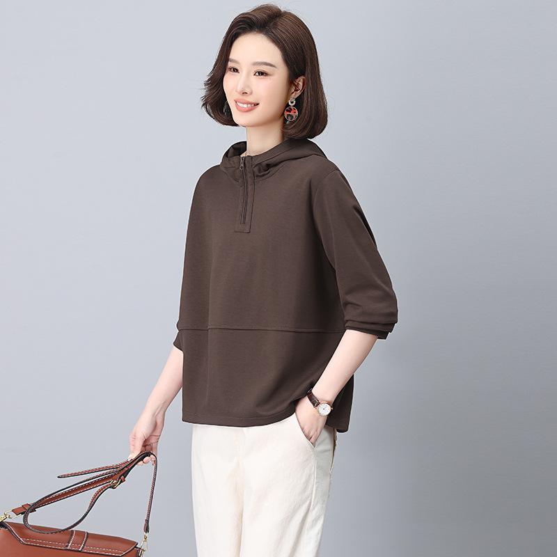 Trendy Hooded Sweatshirt for Middle-Aged Women - Spring/Autumn Patchwork Loose Fit, Plus Size, Long-Sleeve Top