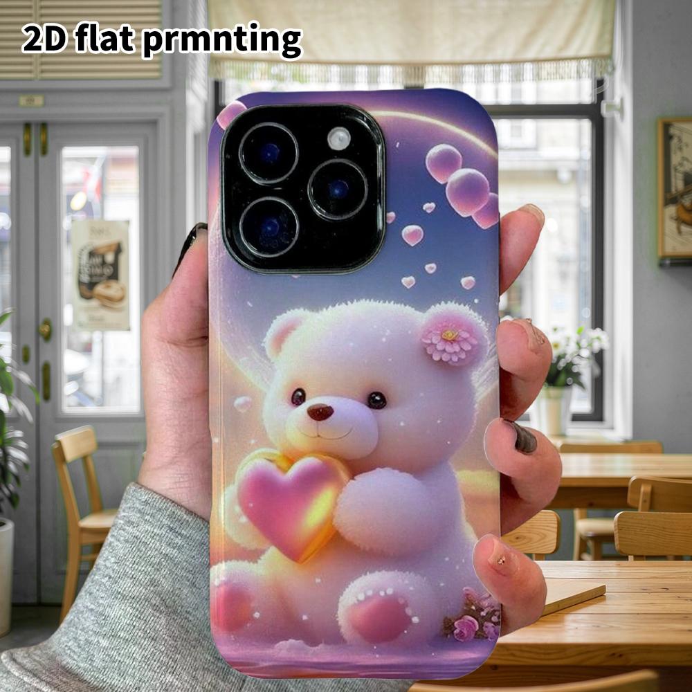 Phone Case: 2D flat design suitable for iPhone 18, 17, 16, 15, 14, 13 Pro film protective case, couple style, heart little bear, Christmas and Hallowe
