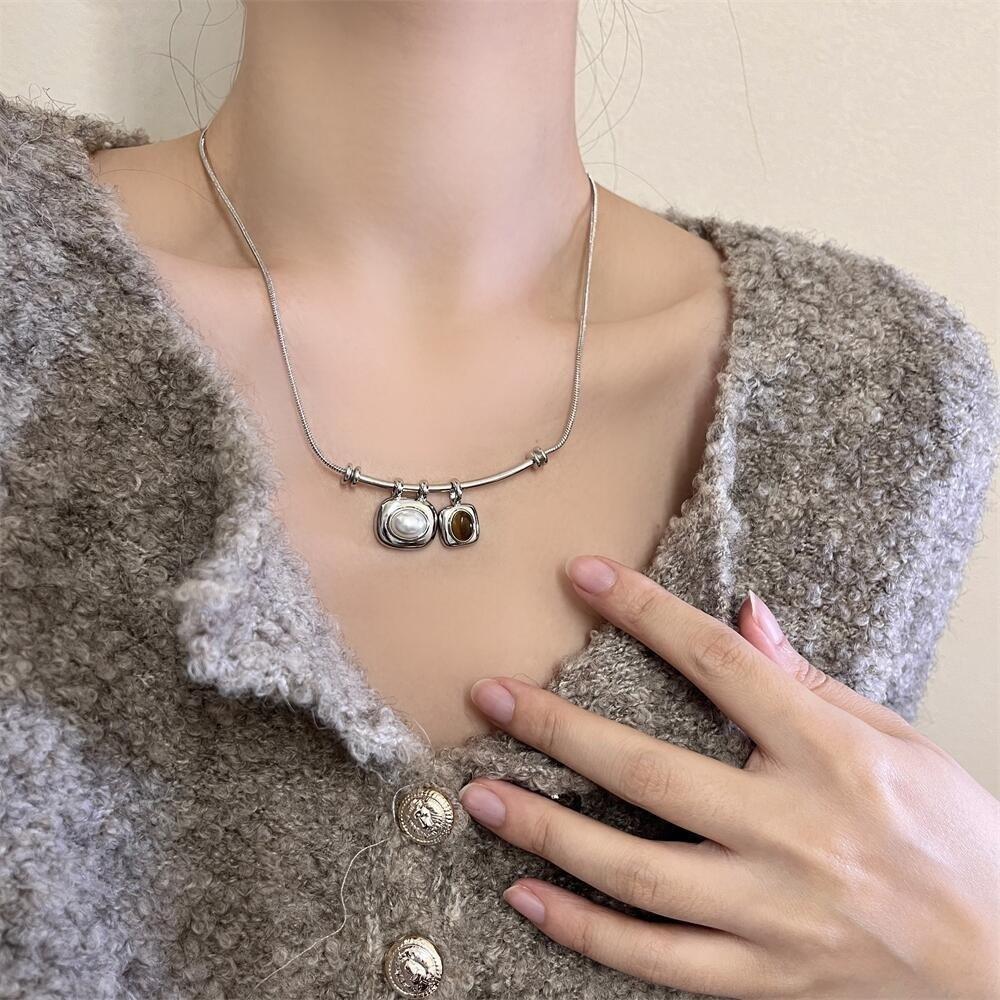 Imitation Pearl Tigereye Stone Pendant Necklaces Geometric Collarbone Necklace  Women