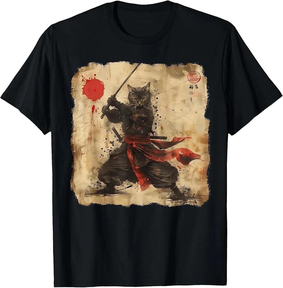 Samurai Cat Graphic Tee Warrior Japanese Art Anime T-Shirt E8