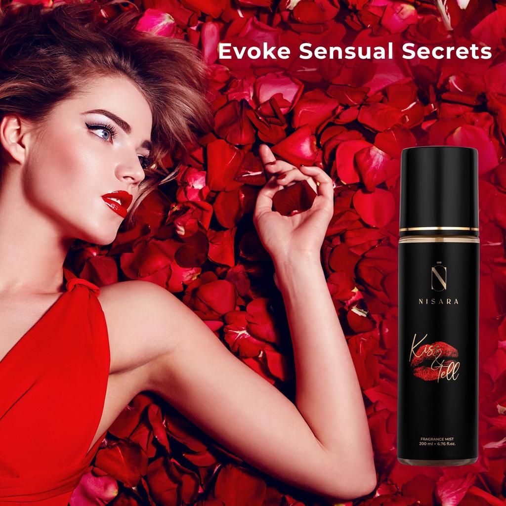 Nisara Kiss & Tell Спрей для тела для женщин - 200 мл | Цветочный древесно-мускусный аромат | с нотами розы, белого мускуса и ванили | Стойкий спрей
