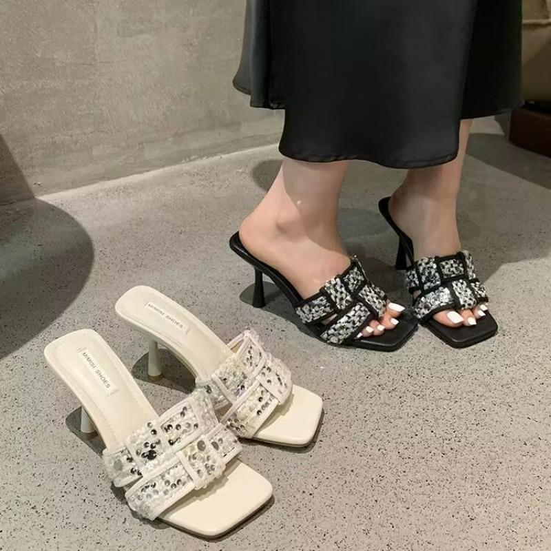 Женская обувь 2024 года, модные туфли с открытой пяткой, женские тапочки, летние туфли с открытым носком, квадратным носком, пайетками, туфли на шпильке или тонком каблуке
