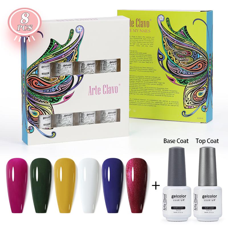 Arte Clavo 8 бутылок/набор, высококачественный блестящий гель-лак для ногтей для маникюра, гель-лак для дизайна ногтей, верхнее базовое покрытие, лак