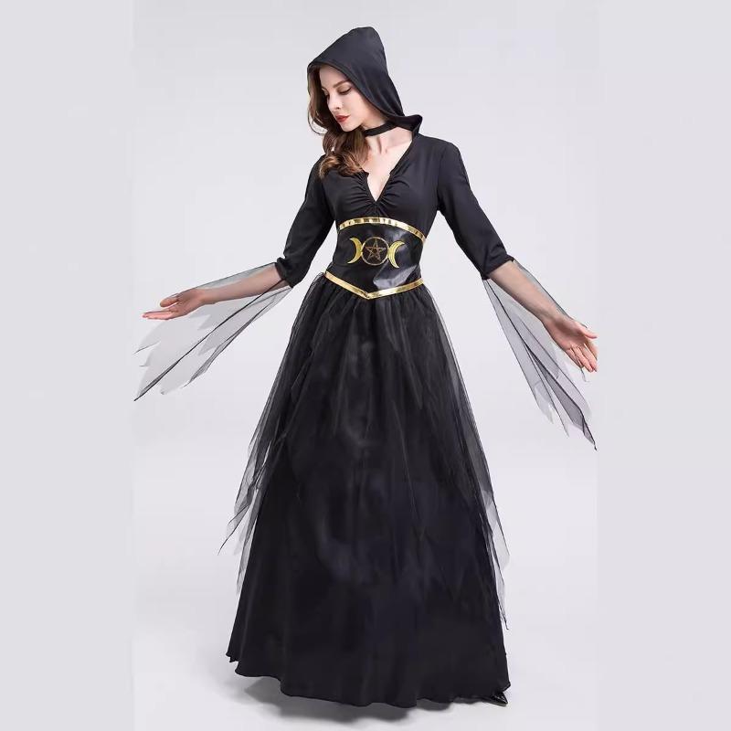 Хэллоуин взрослое женское черное платье с V-образным вырезом вампир призрак жнец ведьма вампир костюм ведьмы