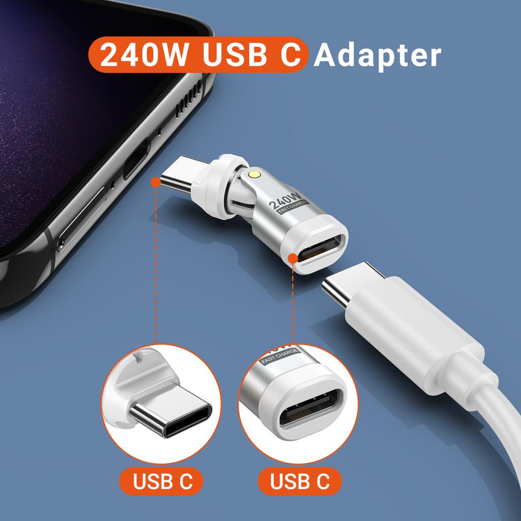 AUFU 240W USB C to Type C OTG Adapter 540 Rotation 5A Fast Charge Male To Female Converter for iPhone 16 MacBook Samsung Laptop 3