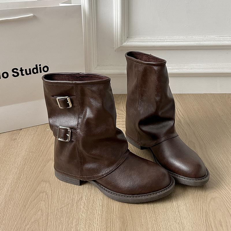 Design sense retro style thick-soled knight boots women's autumn and winter new height-increasing medium boots western cowboy short boots