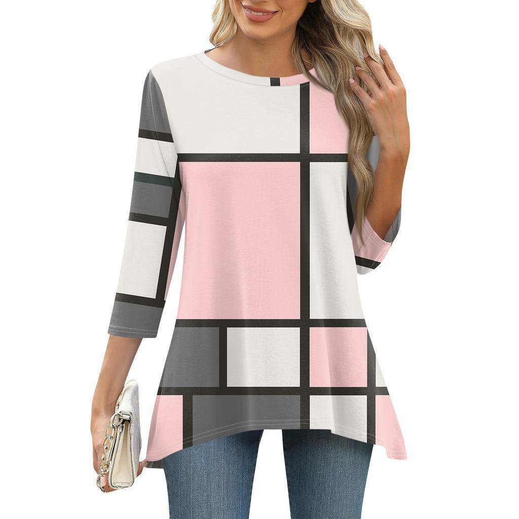 3/4 рукав туника топы для женщин принтованный повседневный выходной свободный крой модная базовая футболка с круглым вырезом
