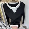 Contrasting Color Splicing Fake Two-piece Pit Strip Long-sleeved Knitted Sweater Women's Autumn and Winter New Slim-fitting Inner Bottoming Shirt Top
