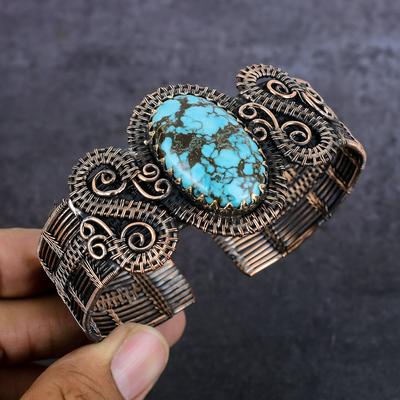 Браслет-манжета из натуральной тибетской бирюзы с медной проволокой, регулируемый F2D47
