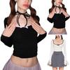 Женская модная сексуальная футболка с открытой спиной и контрастным цветом на груди, утягивающая футболка с квадратным вырезом и пупком, короткий топ