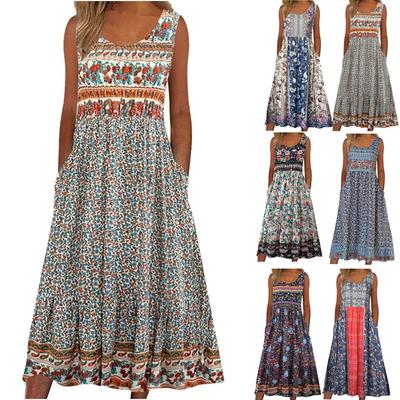 Женская мода лето весна цветочный принт без рукавов с круглым вырезом повседневные платья