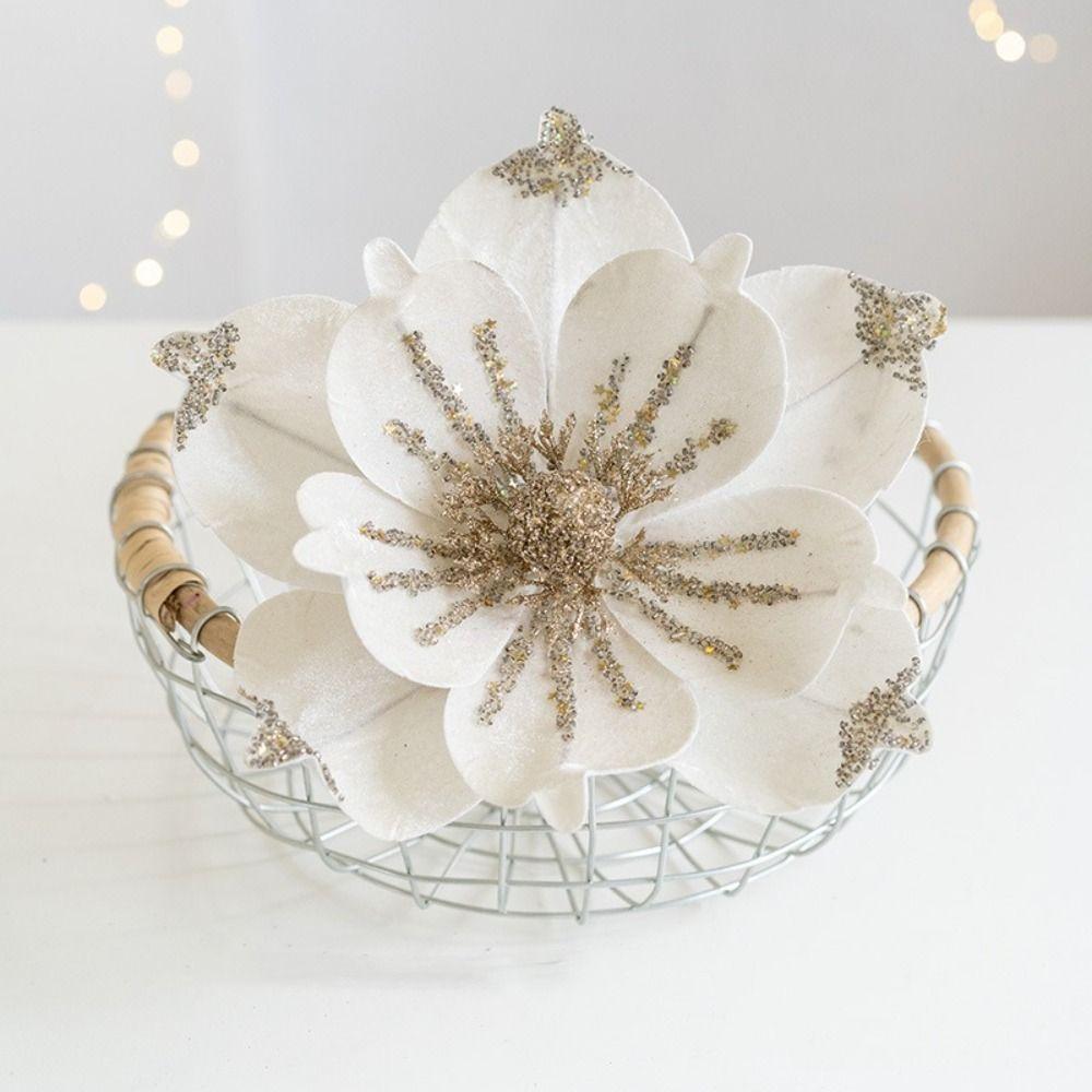 Sequin Artificial Poinsettia Glitter Flower 25cm 3D Simulation Magnolia  New Year Gifts