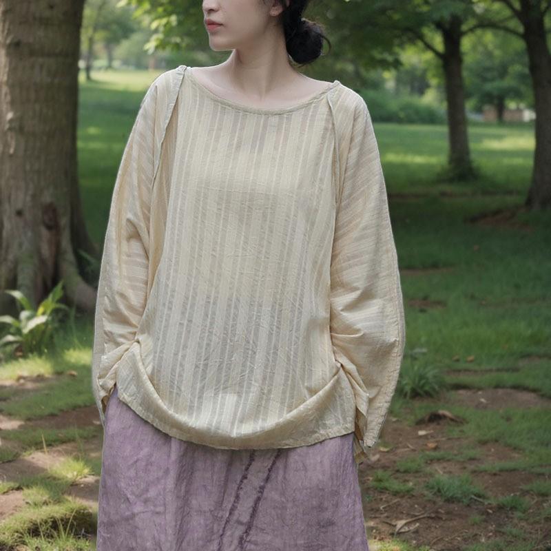 Johnature Женские полосатые футболки с круглым вырезом и длинным рукавом, весенние свободные повседневные женские футболки