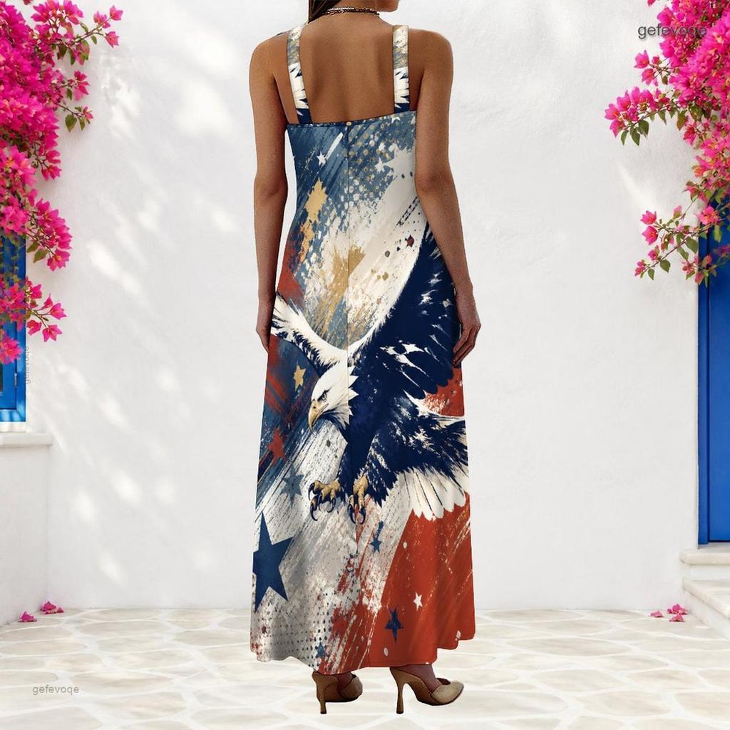 Women Plus Size Navy Blue Red Printed Scoop Neck Strappy Sleeveless A Line Long Dress