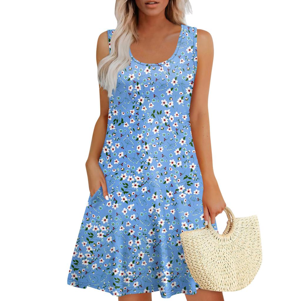 Women's Summer Casual U-shaped Tie Pocket Popular Floral Print Dress