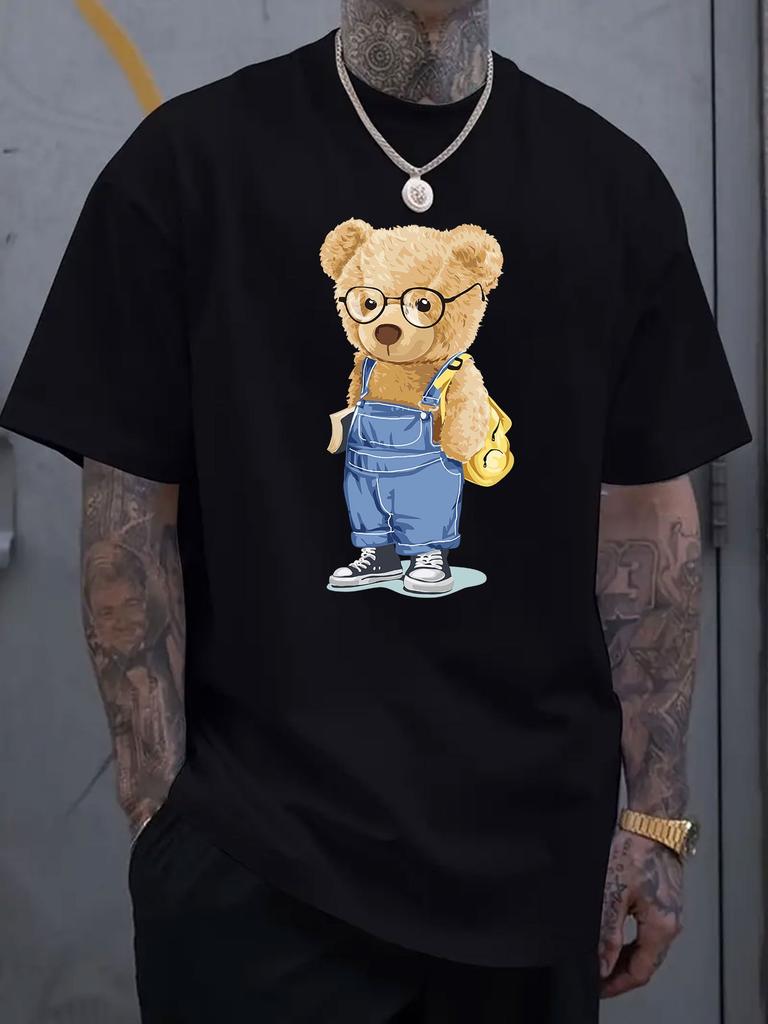 Cartoon Bear Graphic Printed Short-sleeved Cotton T-shirt, Summer Unisex, Casual, Loose-fitting, Clothing for Men and Women