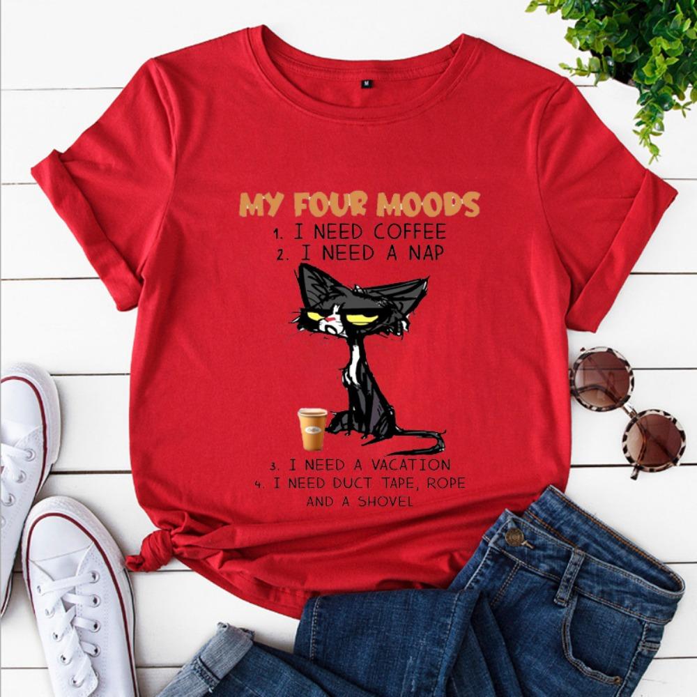 My Four Moods Lazy Cat Anime Tops Short Sleeves Women's T-shirts Tops Cute Coffee Black Sleepy Cat Women Tops Y2k Short Sleeves