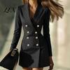 Women Work Dress Striped Blazer for Fall, Double-breasted Lapel Collar Mini Dress, Slim Fit Cinched Waist Above Knee Short