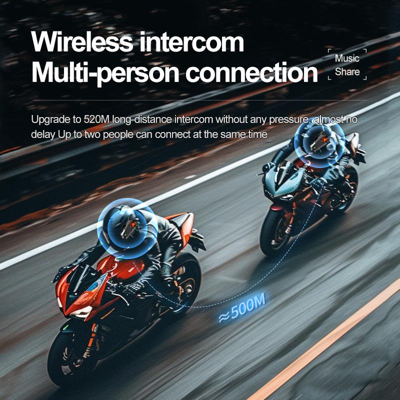 KEBIDUMEI Motorcycle Helmet Intercom Headset for 2 Rider 500M Interphone Bluetooth 5.3 Waterproof Wireless Speaker Earphone