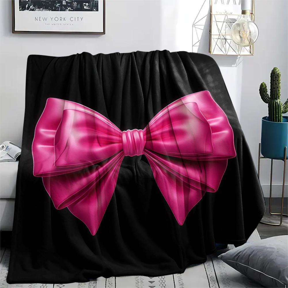 1Pc Pink Bow Print Flannel Blanket, High quality Comfortable for All Seasons, Home Decor, Warmth and Comfort, Perfect for Christmas Gifts W29