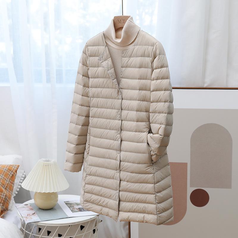 Зимнее ультралегкое женское пальто с круглым вырезом, осенне-зимняя куртка средней длины, тонкая, теплая, базовая стеганая куртка