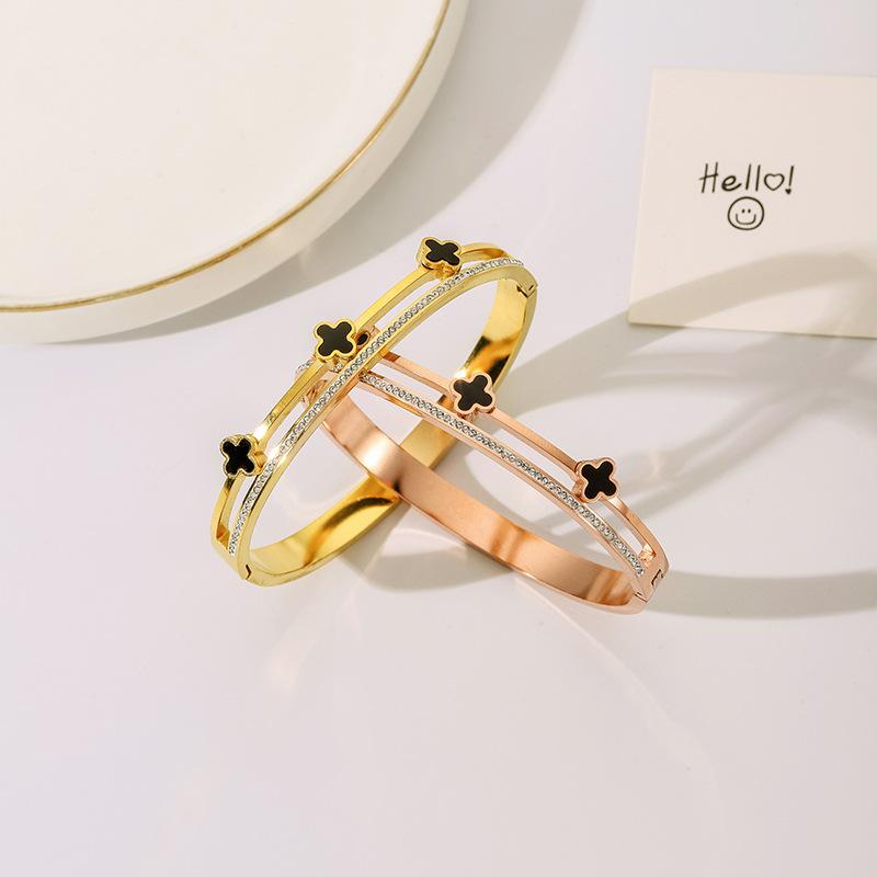 Браслет с четырьмя листьями травы, двойное кольцо, высококачественный бриллиантовый браслет для девочек, титановый стальной наконечник, легкий роскошный браслет